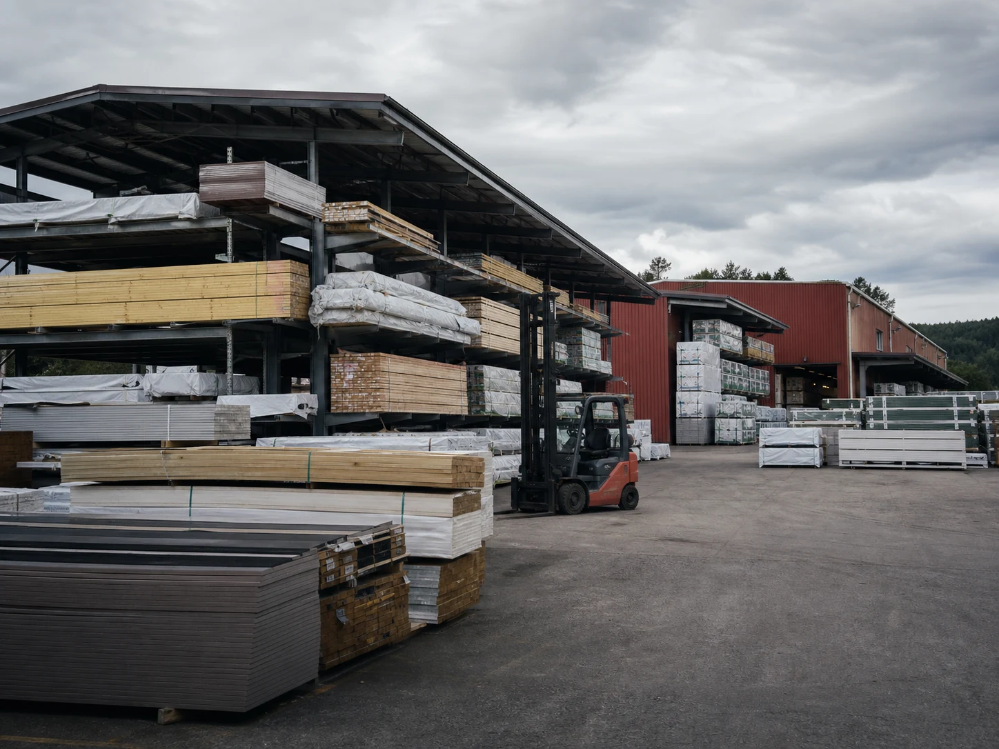 Wrapped lumber and building products organized in an outdoor distribution yard