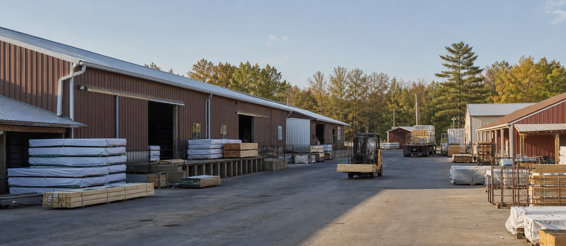 A working lane between building-material warehouse bays with staged lumber and a forklift