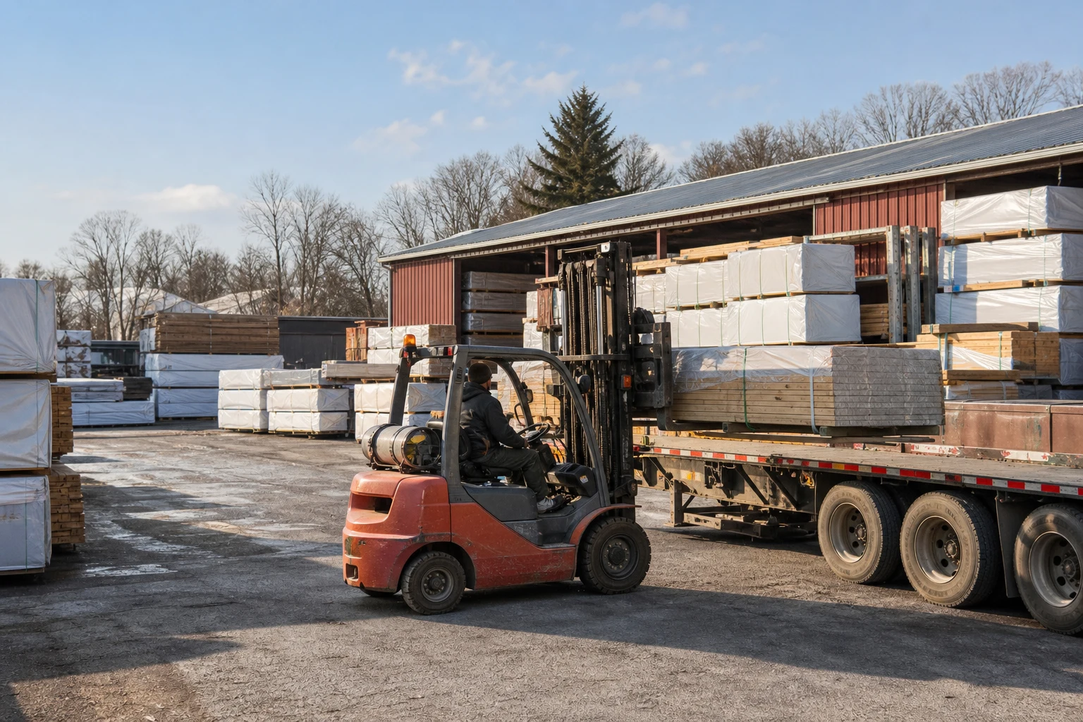 A forklift loading wrapped lumber onto a flatbed in a regional building-materials yard