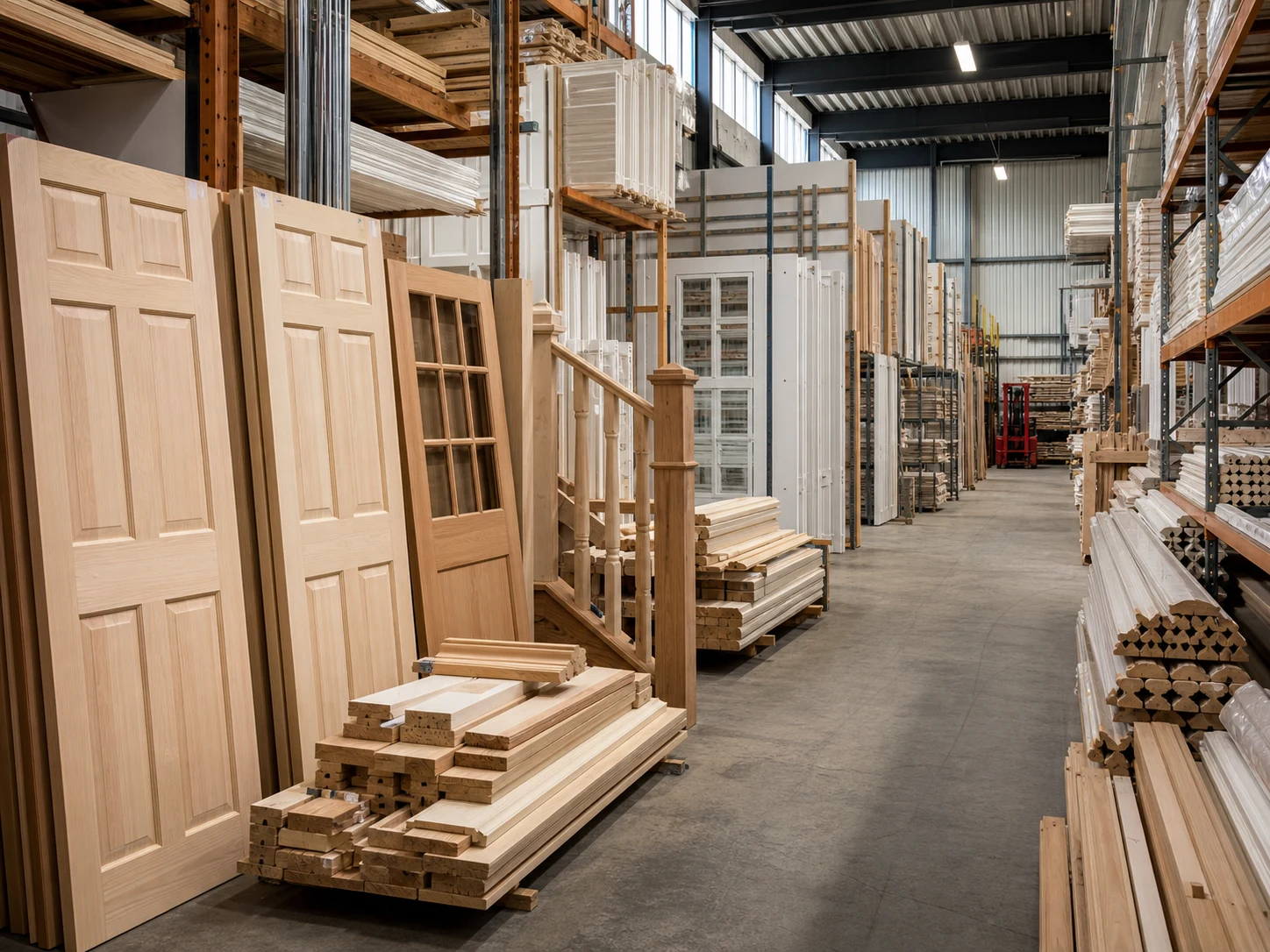 Doors, moulding, stair parts, and trim organized in a millwork warehouse